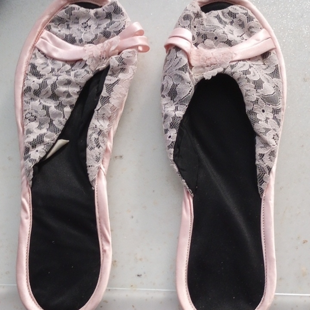 Vintage Madye's Light Pink Floral Open-Back Slippers with Bow Detail Large 8-9